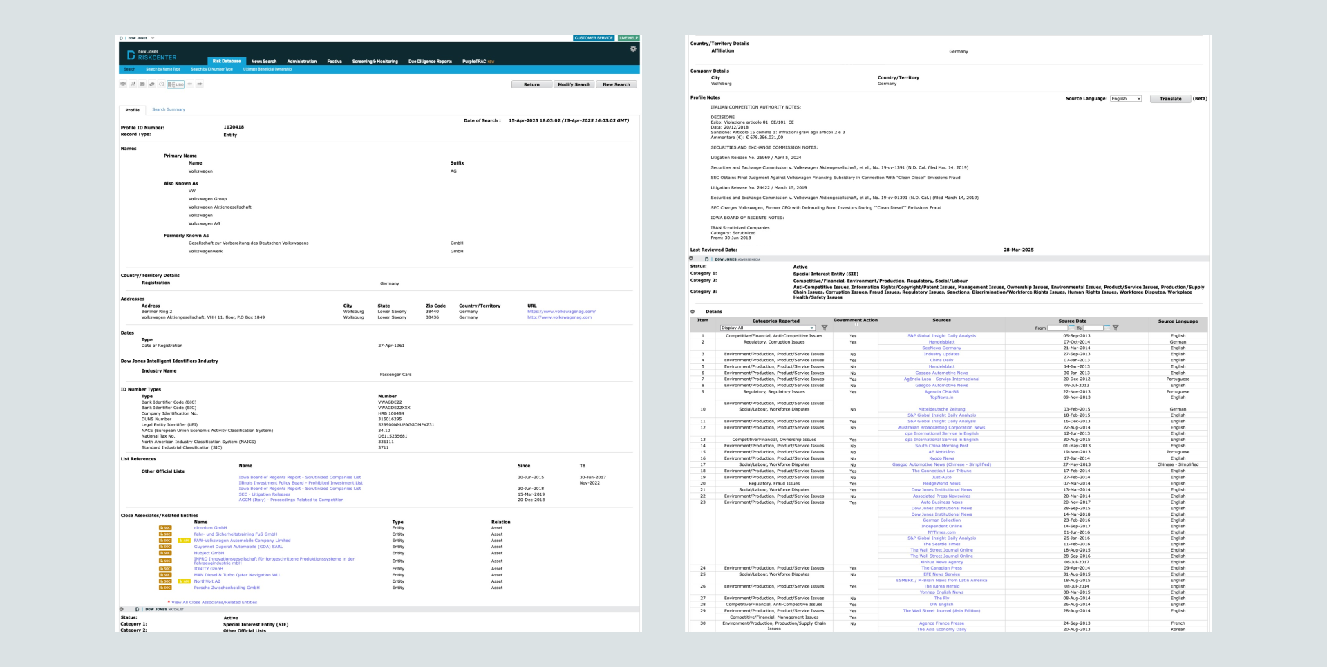 Legacy Risk Profile Page
