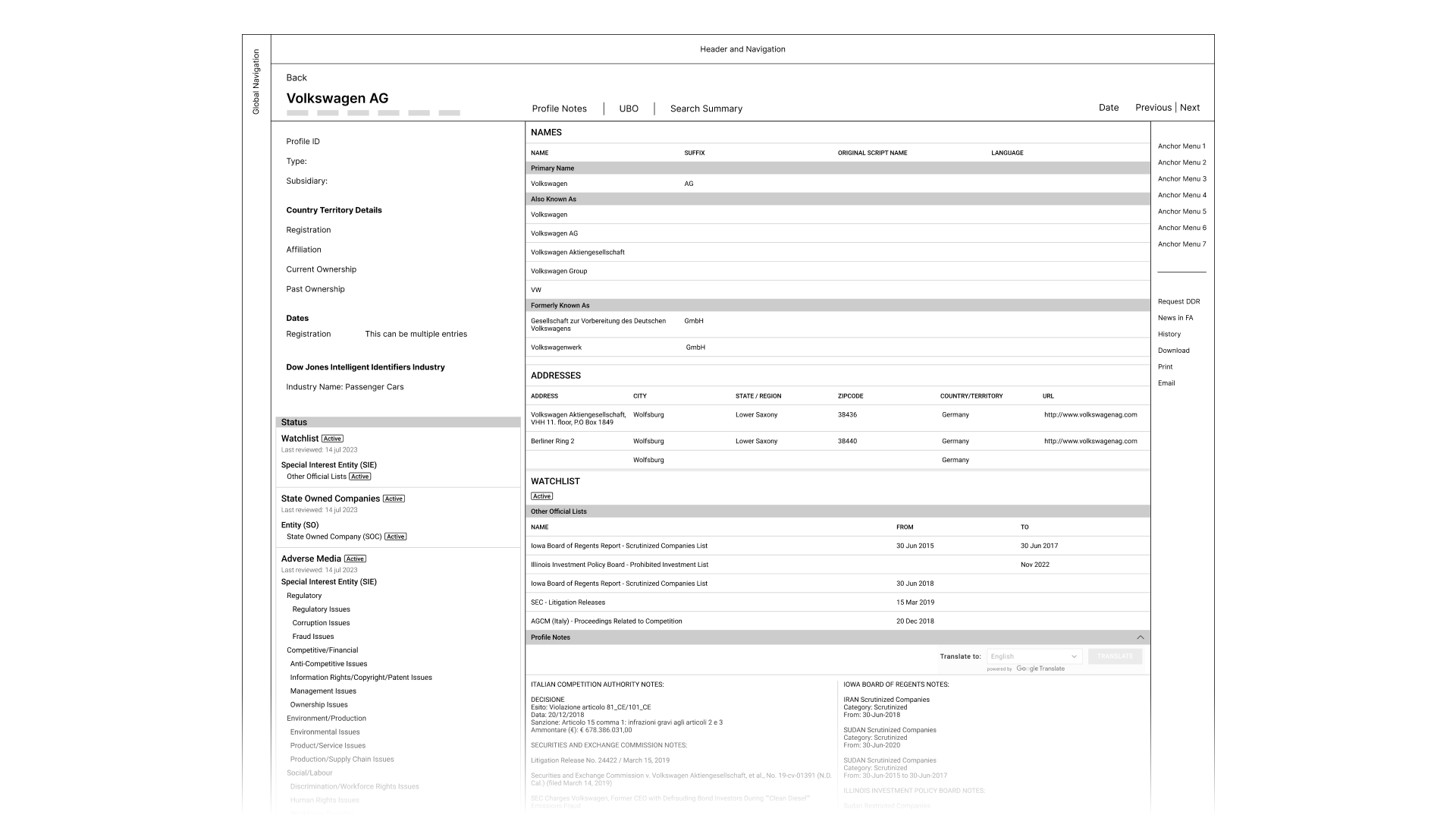 Risk Profile Page Wireframe